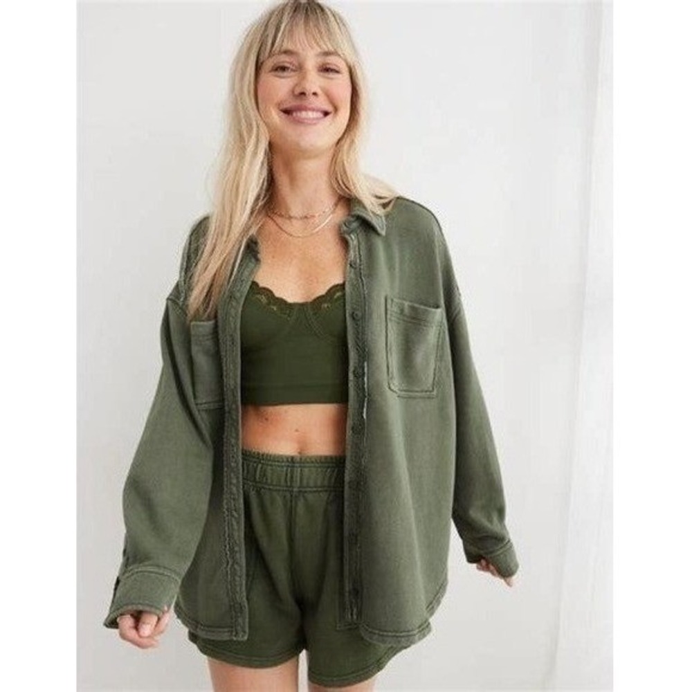 aerie Women's Lumber Jane Fleece Shirt Shacket Size M Green Oversized Utility